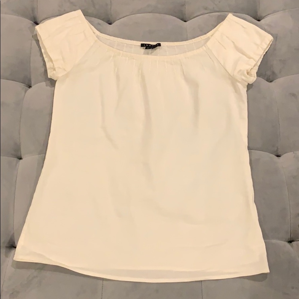 Theory White Slightly Off Shoulder Cap Sleeve Top